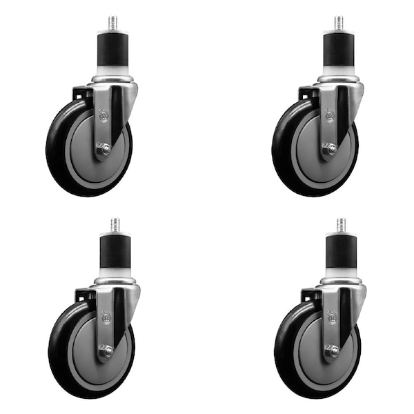 5'' SS Black Poly Wheel Swivel 1-7/8'' Expanding Stem Caster Set, 4PK